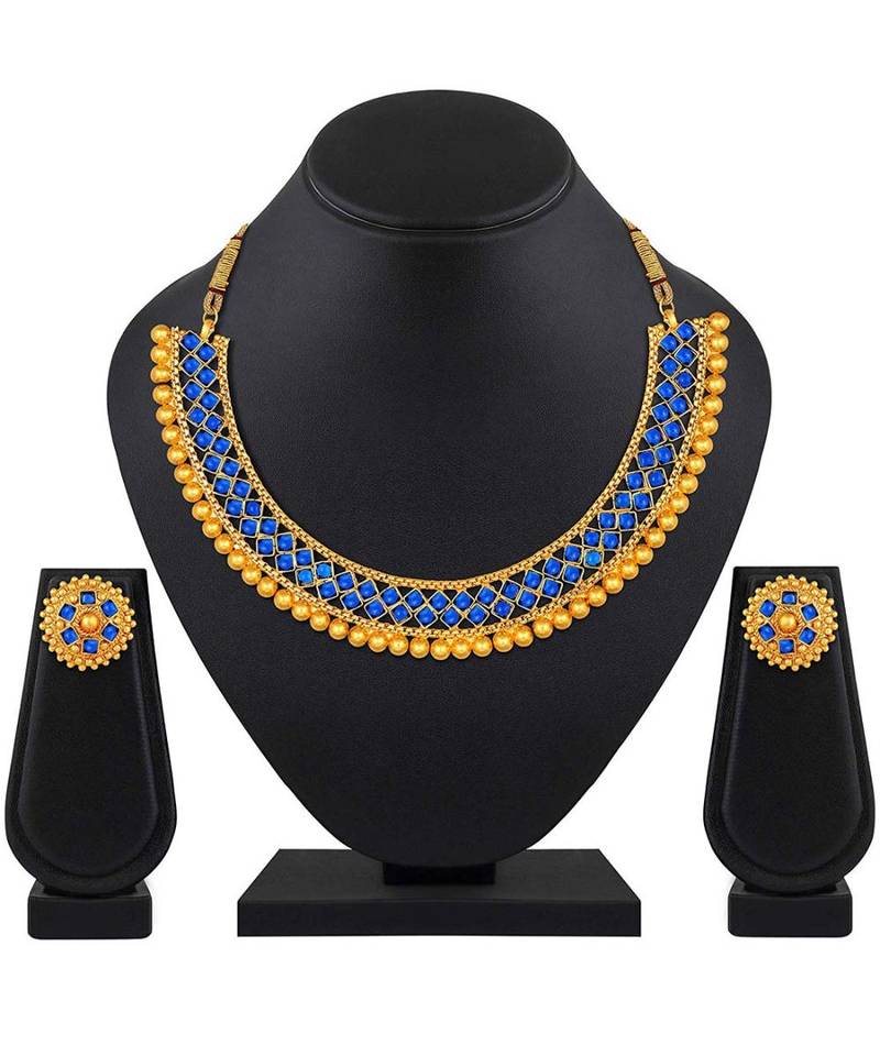 Golden Ball With Blue Stone Traditional Brass Necklace Jewellery Set With Earrings For Women Girls